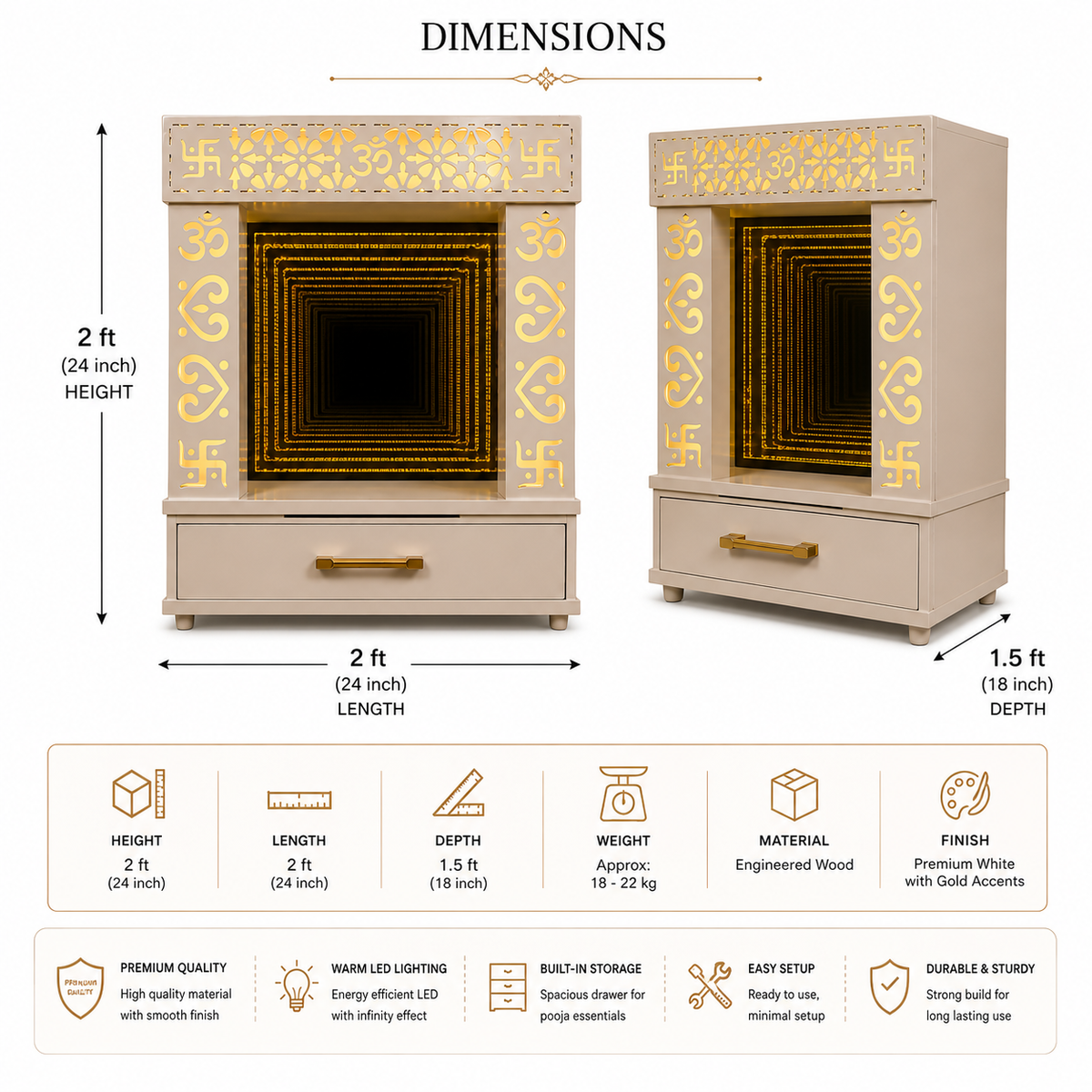 A product dimension diagram showing two views of a decorative chest with a glowing interior, labeled with height, length, and depth measurements. The image includes a bottom section with feature icons and text for height, length, depth, weight, material, finish, premium quality, warm LED lighting, built-in storage, easy setup, and durability.