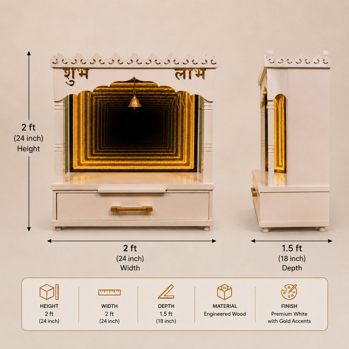 An off-white and gold altar cabinet shown from front and side views with dimension labels and a feature summary bar at the bottom. The image includes text indicating height, width, and depth measurements and highlights engineered wood material and premium white finish with gold accents.