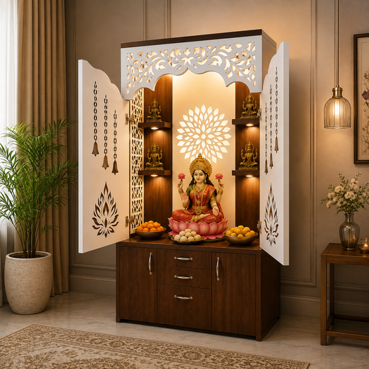 A decorative Hindu deity altar cabinet with carved white side panels and shelves, featuring a seated goddess statue, fruit bowls, and warm interior lighting, placed in a styled home setting with curtains, a plant, and a side table.