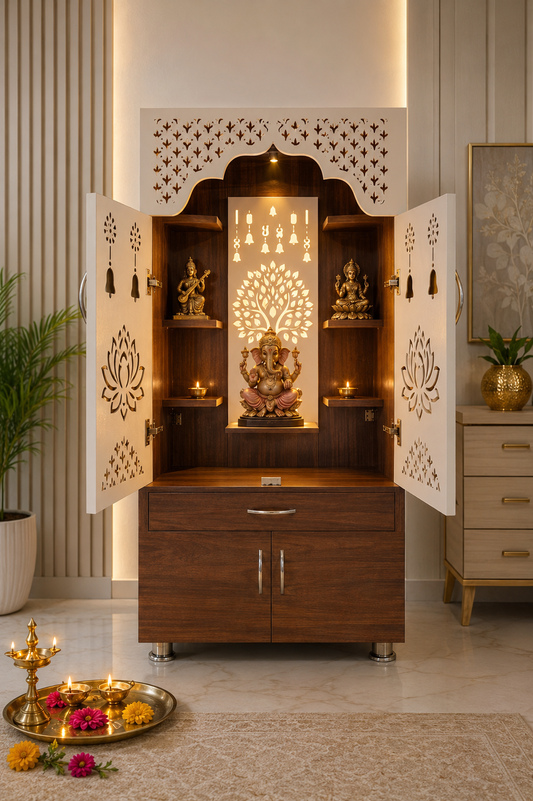 A decorative wooden Ganesha altar cabinet with open doors, illuminated interior shelves, and carved white side panels, shown in a styled home interior with candles, plants, and a tray on the floor.