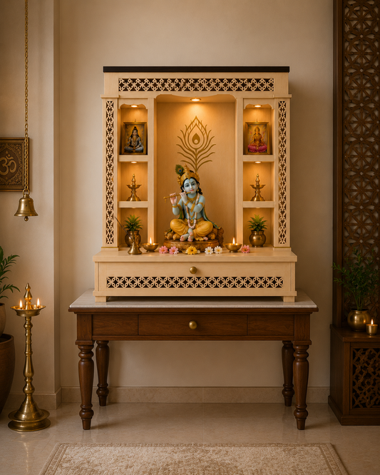Space Saving Engineered Wooden Pooja Mandir with LED Lighting