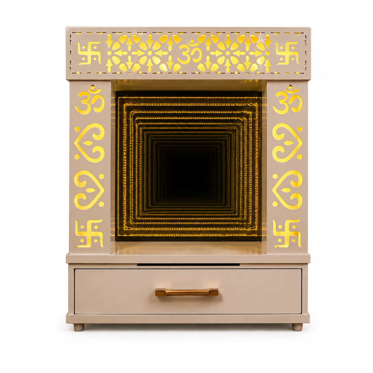 A beige wooden altar cabinet with a single drawer and brass pull handle, decorated with yellow-gold carved and printed Hindu symbols including Om, Swastika, and Aum, with a glowing yellow geometric tunnel effect in the center.