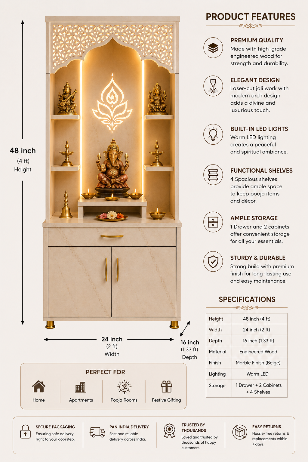 A tall decorative home altar or Shiva mandir shown with a detailed product features and specifications infographic. The image includes a dimension diagram (48 inch height, 24 inch width, 16 inch depth), a product features list, and a specifications table.