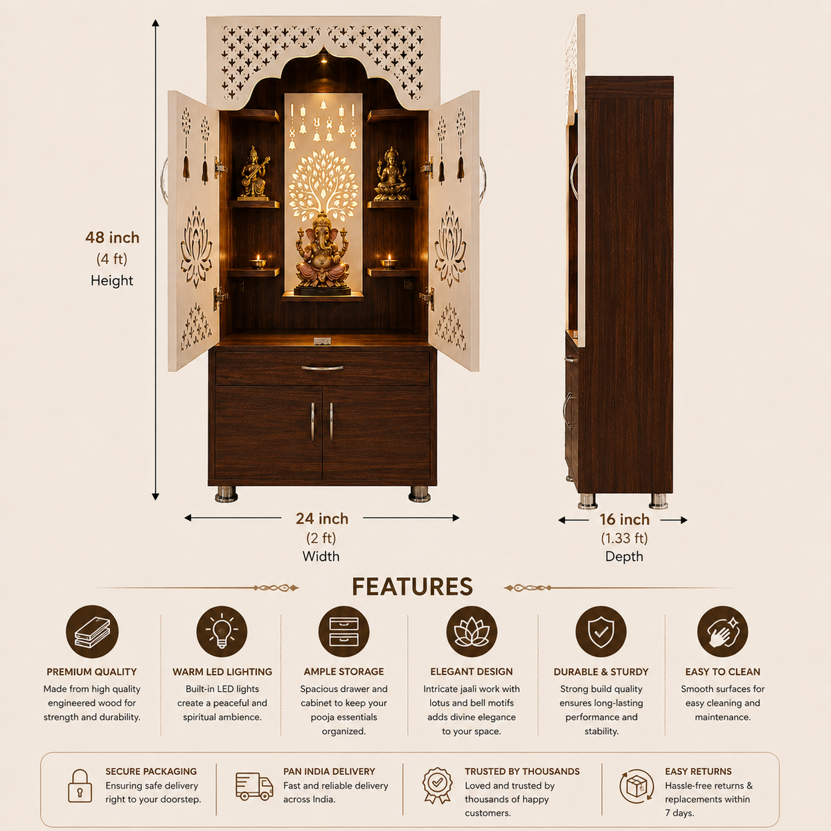 4ft Shree Darshan LED Engineered Wooden Home Temple