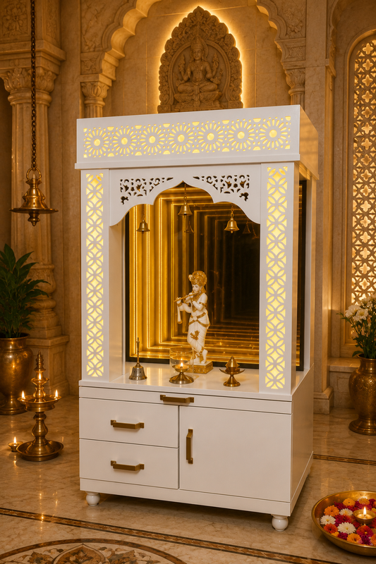 A white wooden Shiva mandir altar with gold accents, featuring a carved top panel, mirror, brass bells, and a small statue, set in an ornate golden temple interior.
