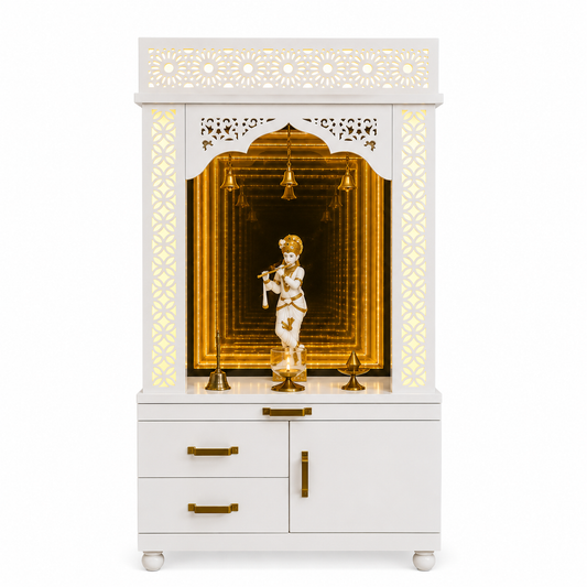 A white and gold miniature Hindu deity home (Golu) with a central figurine of a dancing deity, featuring intricate gold cutouts, decorative pillars, and brass handles on a white background.