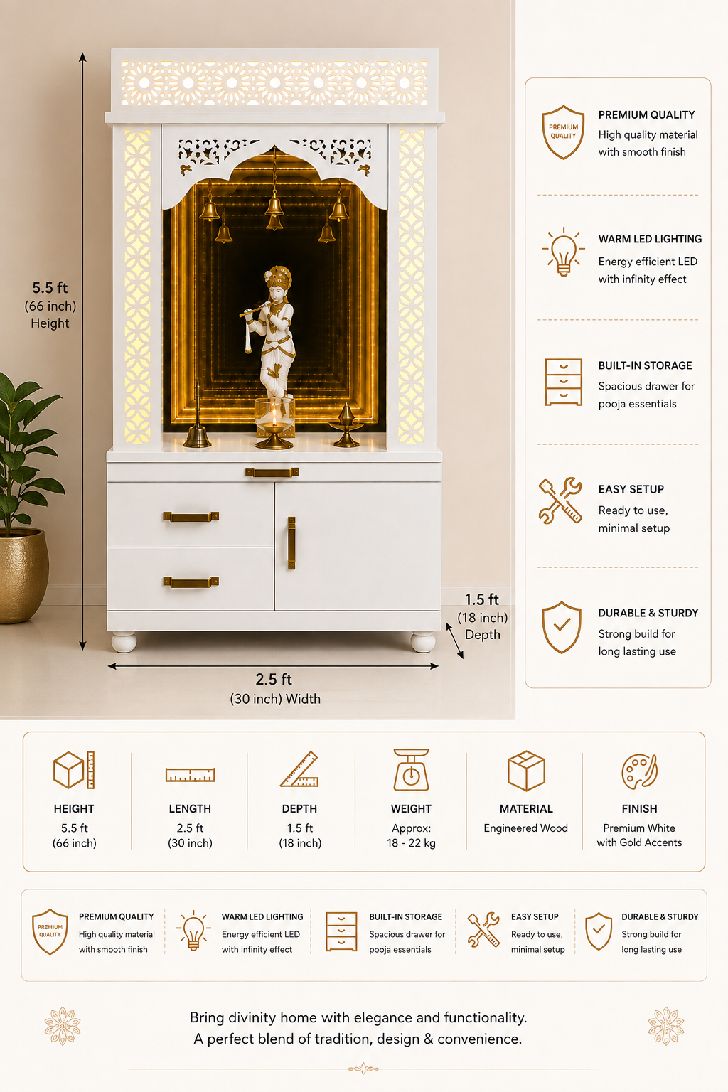 A white and gold Hindu deity ardhacharita (half diviner) cabinet with detailed dimensions, feature icons, and product specifications displayed on a clean white background.