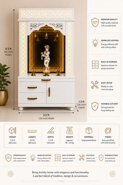 A white and gold Hindu deity ardhacharita (half diviner) cabinet with detailed dimensions, feature icons, and product specifications displayed on a clean white background.