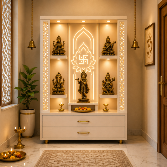 A white wooden Shiva mandir altar cabinet with gold brass hardware, illuminated by warm LED lights inside, featuring multiple bronze Hindu deity statues, candles, and a plant in a decorated home interior.