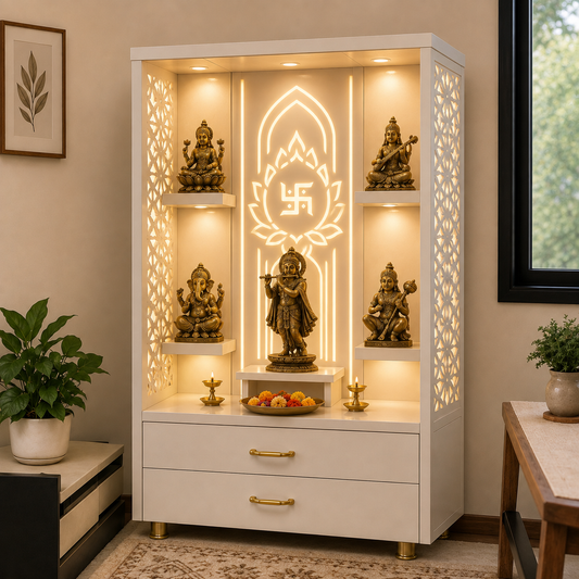 A white wooden display cabinet with gold-toned hardware and built-in LED lighting, styled with multiple brass-colored Hindu deity statues and decorative accents in a home interior setting.