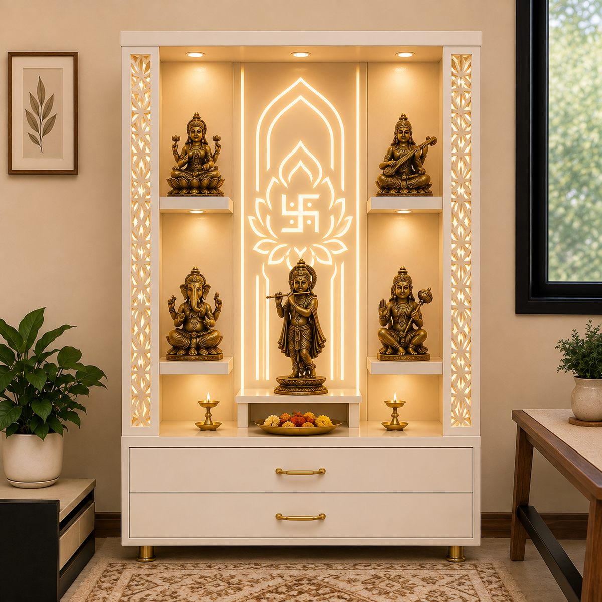 5ft Luxury  Engineered Wooden Pooja Mandir for Home with LED Lights