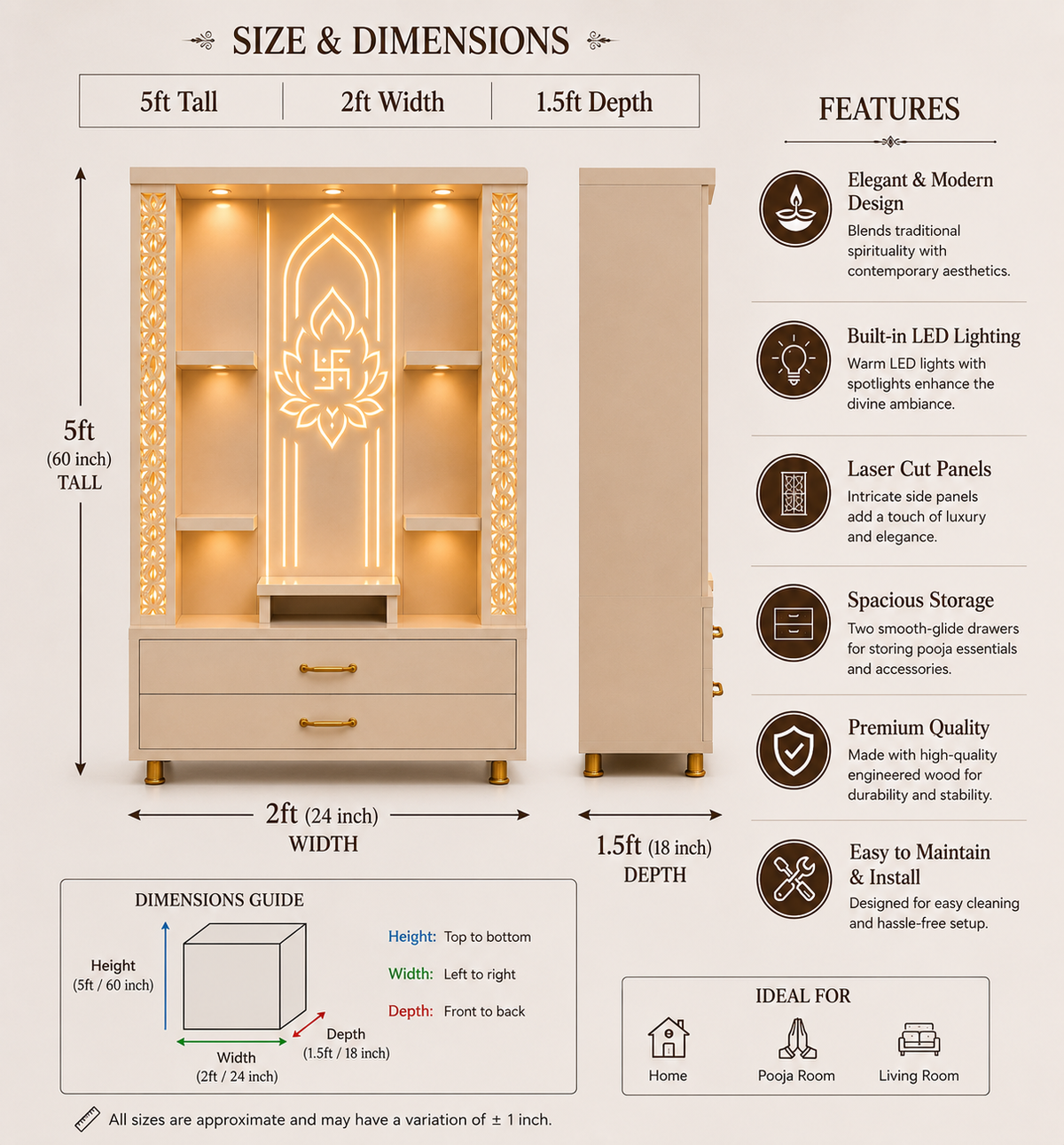 A product infographic showing the dimensions and features of a modern wooden display cabinet. The cabinet is depicted in the center with warm LED lighting glowing from the shelves, featuring a carved emblem on the door and gold-toned side panels.