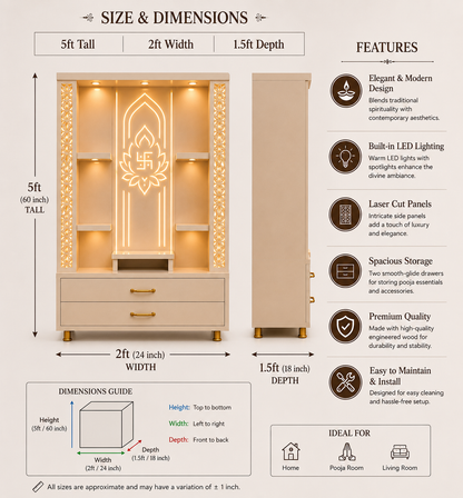A product infographic showing the dimensions and features of a modern wooden display cabinet. The cabinet is depicted in the center with warm LED lighting glowing from the shelves, featuring a carved emblem on the door and gold-toned side panels.