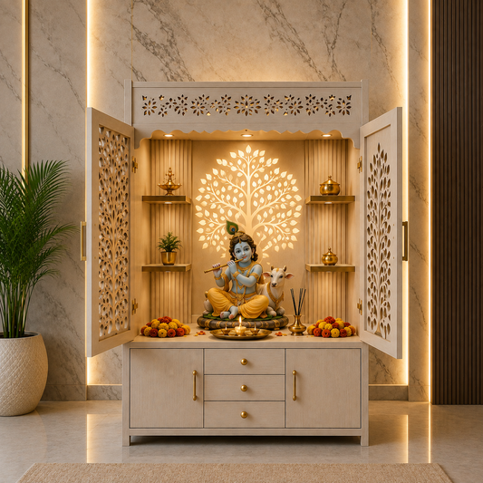 A decorative Hindu deity altar cabinet featuring a blue-skinned Lord Krishna statue, illuminated by warm LED lighting behind a glowing leaf tree backdrop. The cabinet has open carved doors, gold-tone handles, and is styled with fruits, incense, and small decorative objects, set against a marble wall with a potted plant.