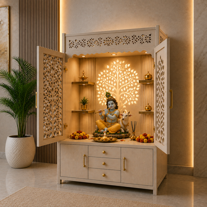 A decorative Hindu deity altar cabinet with carved doors, warm LED lighting, and a seated Ganesha statue, shown in a styled interior setting with a potted plant and wood paneling.