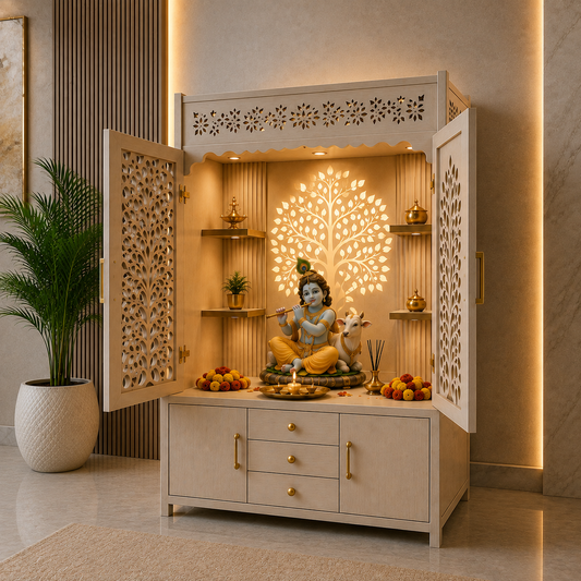 A decorative Hindu deity altar cabinet with carved doors, warm LED lighting, and a seated Ganesha statue, shown in a styled interior setting with a potted plant and wood paneling.
