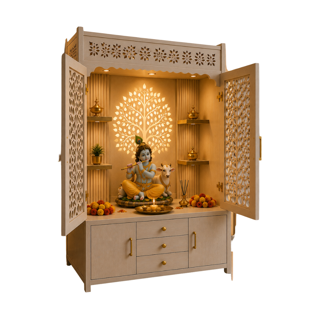 A decorative wooden Shiva Hanuman altar cabinet with open doors, illuminated warm interior lighting, carved floral details, shelves with small brass pots, and a central statue of Lord Krishna with a cow and incense burner, shown on a plain white background.