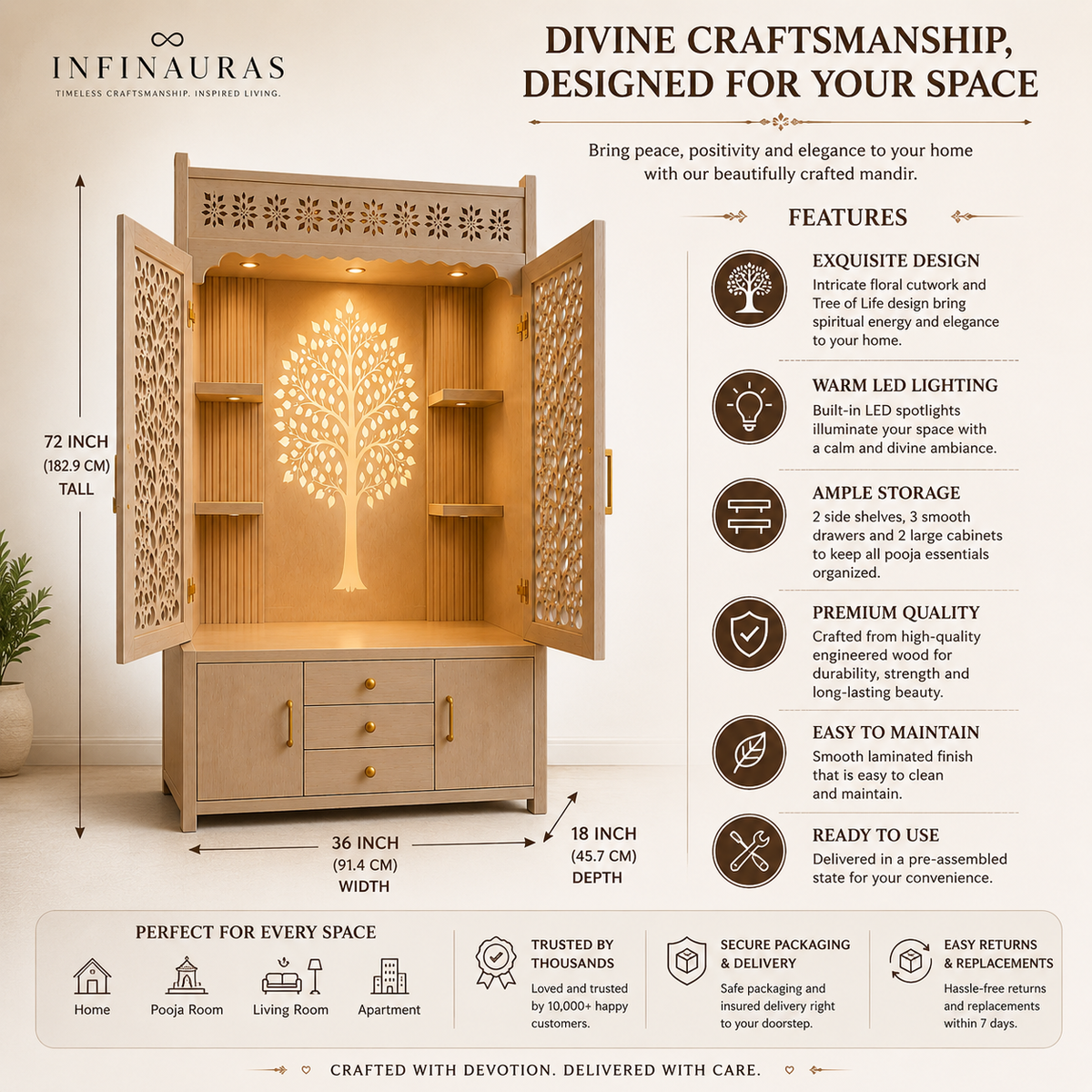 An infographic detailing the dimensions and features of a light wood Divine Craftsmanship armoire cabinet by Infinauras. The cabinet is shown open, revealing warm LED lighting and storage compartments.