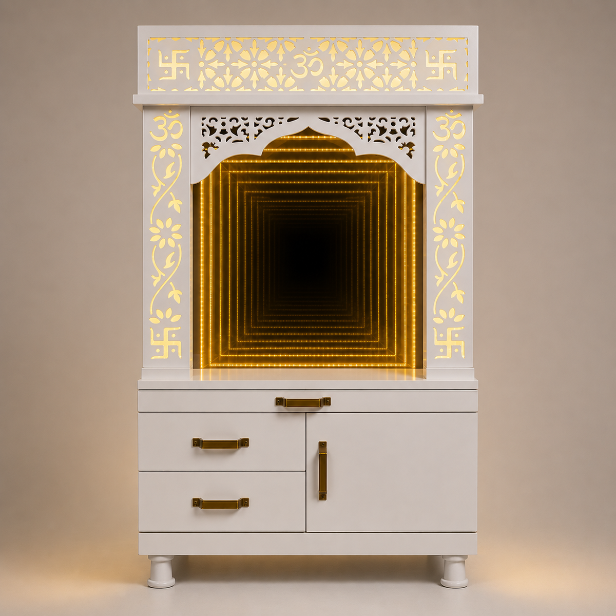 A white decorative altar cabinet with ornate cutout details, gold-toned handles, and a glowing yellow LED tunnel light in the center, shown against a neutral beige background.