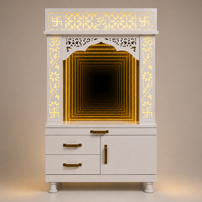 A white decorative altar cabinet with ornate cutout details, gold-toned handles, and a glowing yellow LED tunnel light in the center, shown against a neutral beige background.