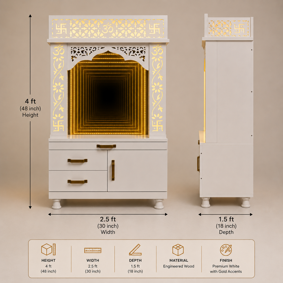 White decorative altar cabinet shown from the front and side with overlaid dimensions and feature icons. The cabinet has gold-toned handles, carved white side panels with a glowing gold inner panel, and illuminated geometric detailing.