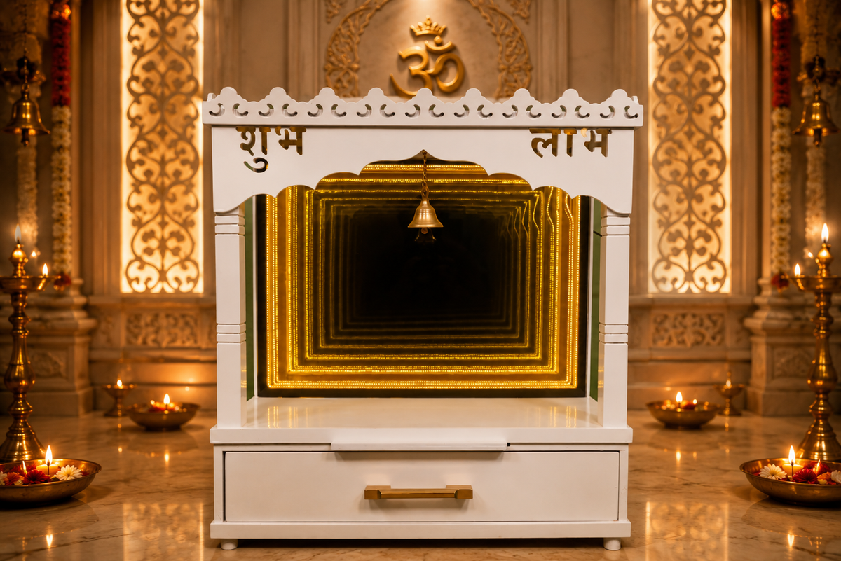 A white wooden Shubh Lamk temple altar with gold accents, featuring a carved Om symbol on the top arch, a hanging brass bell, and a drawer with a gold handle, set against a decorated temple backdrop with oil lamps.