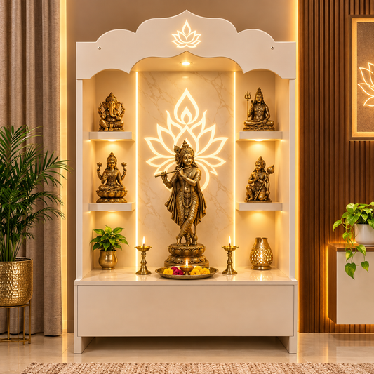 A decorative white and gold freestanding altar cabinet with illuminated lotus wall art and brass-toned statues, shown in a styled interior with plants and warm ambient lighting.