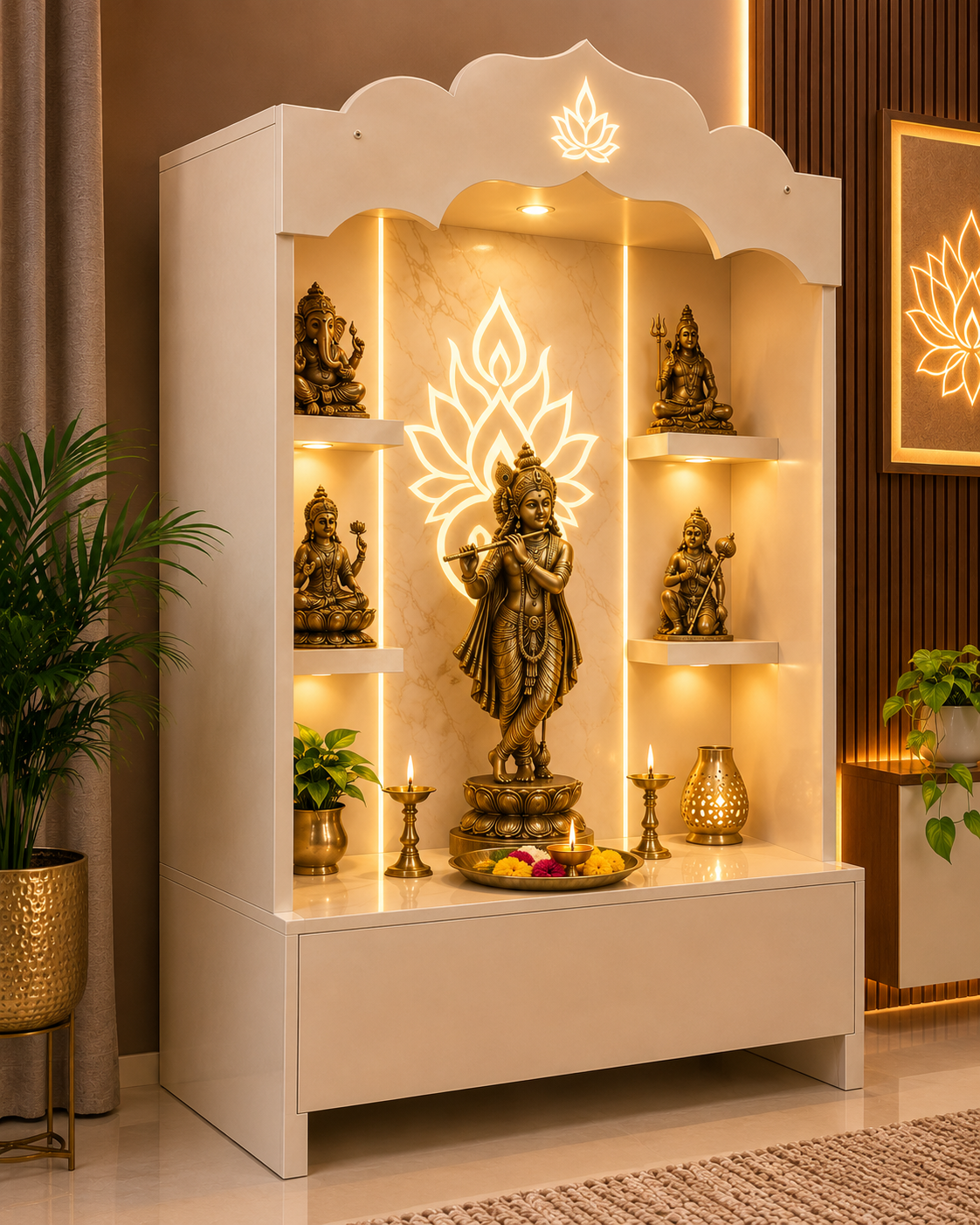 A white arched display cabinet with illuminated shelves and a central brass statue, styled in a modern home decor setting with plants and warm ambient lighting.