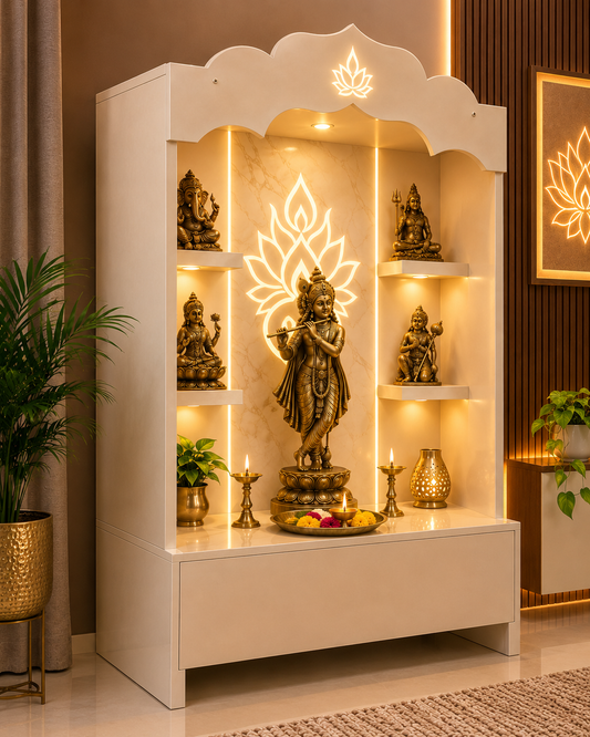 A white arched display cabinet with illuminated shelves and a central brass statue, styled in a modern home decor setting with plants and warm ambient lighting.