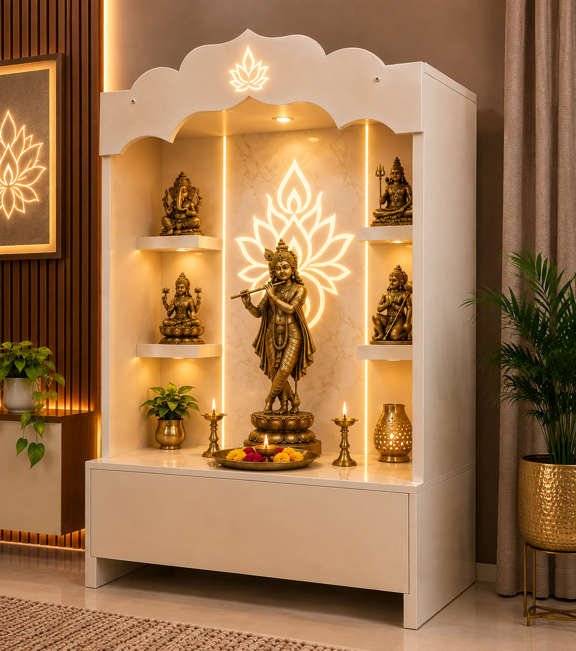 A white wooden Shiva mandarin altar with built-in LED lighting, featuring a central statue of Lord Krishna playing a flute, surrounded by smaller deity statues and decorative shelves.