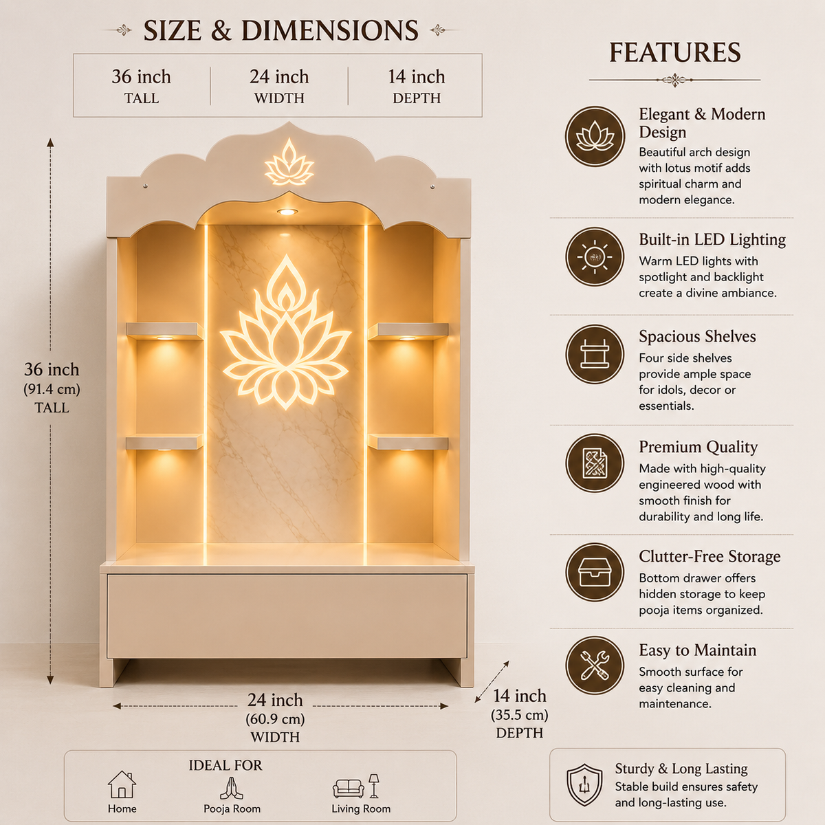 3ft Contemporary  Engineered Wooden Pooja Temple with LED Lighting