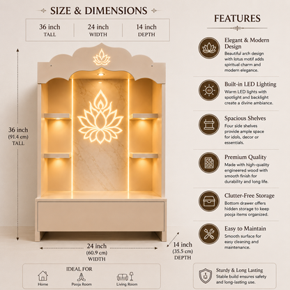 3ft Contemporary  Engineered Wooden Pooja Temple with LED Lighting