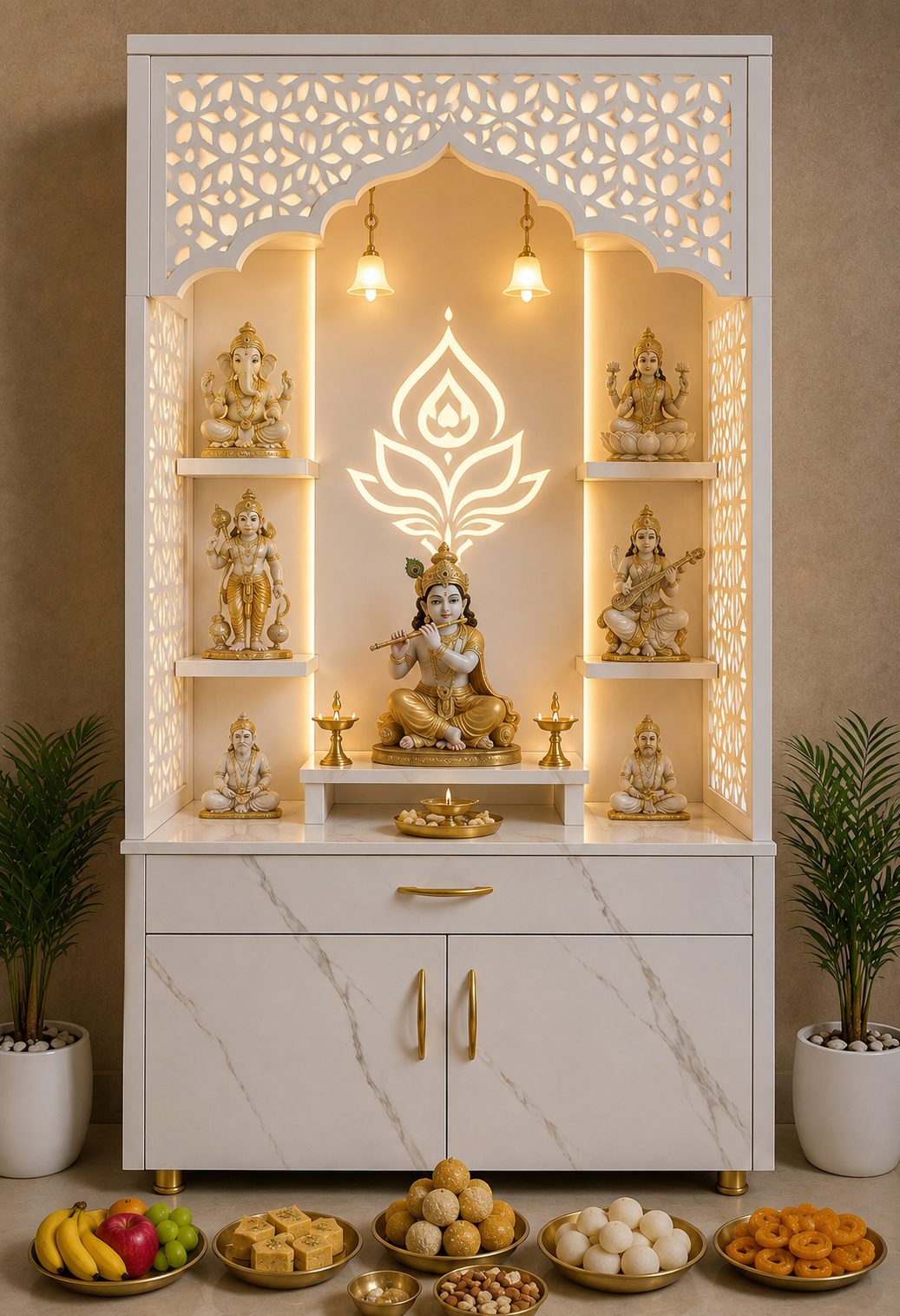 A white and gold Hindu deity altar (holy of worship) cabinet featuring carved arched shelves with illuminated LED lights, gold-tone statues of various deities, and a central Lord Ganesha idol. The cabinet has marble-look doors with gold handles and sits on a wooden base.