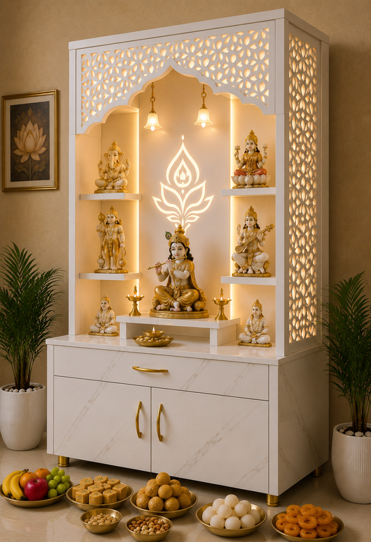 A white and gold Hindu home altar (holy cabinet) with illuminated LED accents, decorated with multiple Ganesha statues, set in a warm beige room with potted plants and bowls of sweets and fruit on the floor.