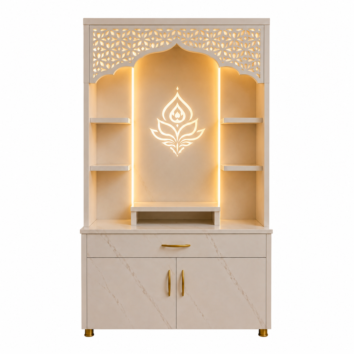 A cream-colored wooden Shiva mandir altar cabinet with gold handles, featuring a carved arched top with laser-cut floral patterns, built-in side shelves, a central niche with warm LED backlighting and a lotus emblem, and marble-look lower cabinet doors.