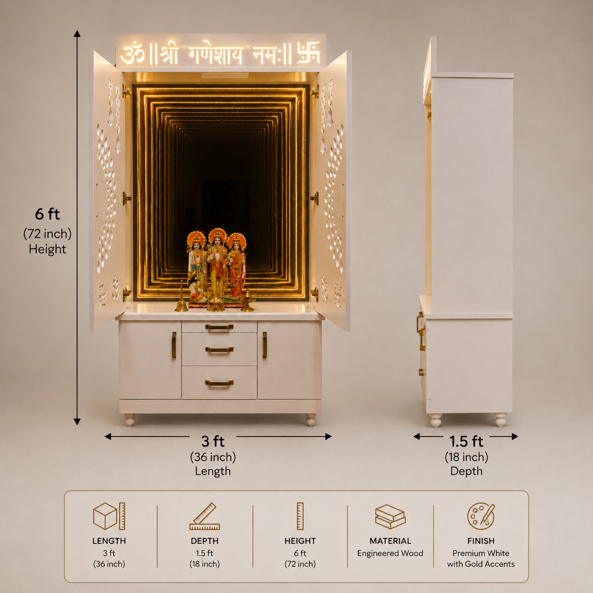 6ft x 3ft Large Premium Infinity LED Pooja Mandir with Door