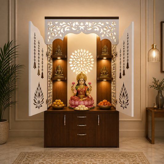 A decorative Hindu deity altar cabinet with a seated Lakshmi statue, flanked by open white carved doors, shelves with small statues, and fruit bowls, set in a warm beige living room.