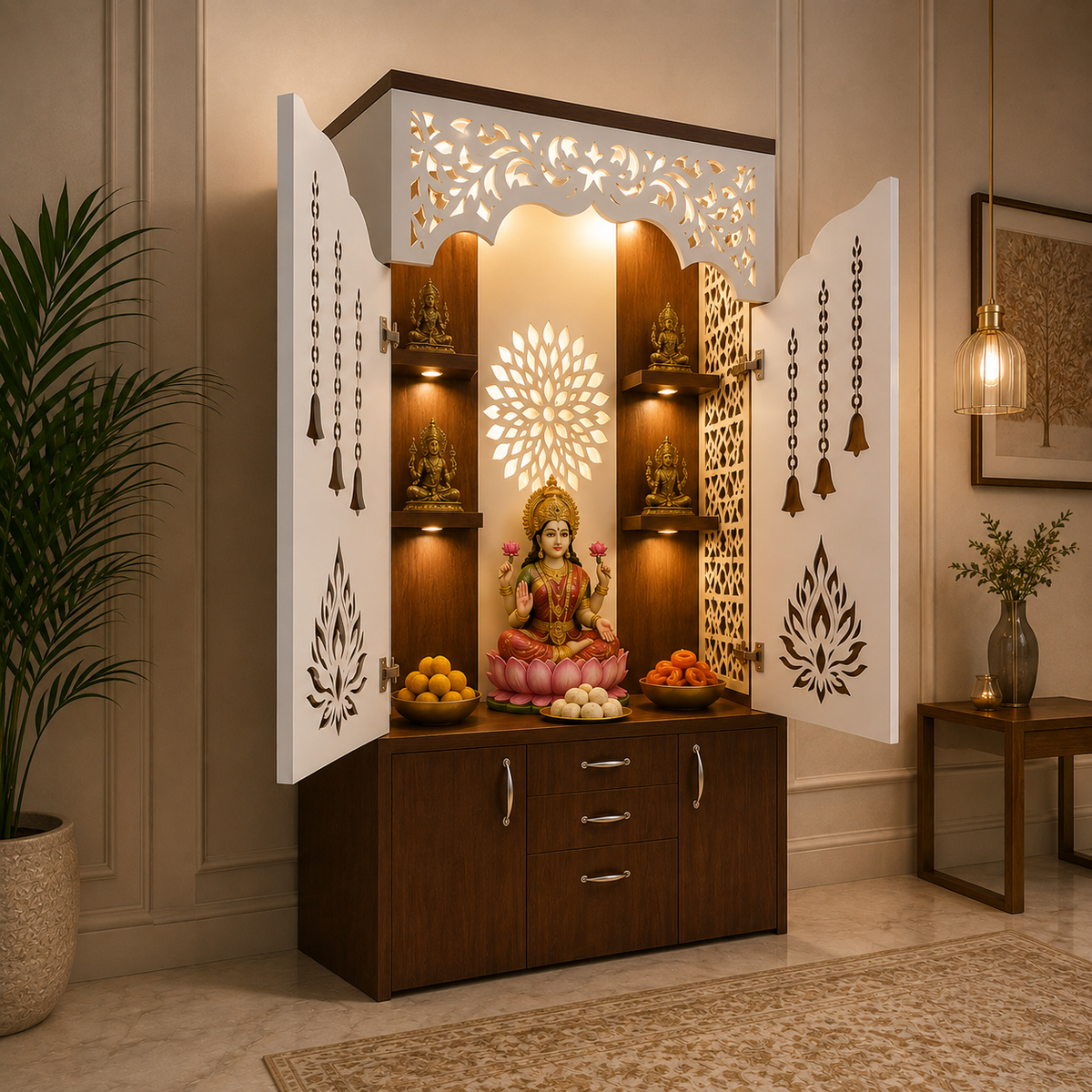 A decorative wooden and white Shiva mandarin altar cabinet with open doors, illuminated shelves, carved lattice details, and a seated deity statue, shown in a styled home interior with plants, a side table, and pendant light.