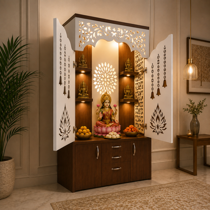 A decorative wooden and white Shiva mandarin altar cabinet with open doors, illuminated shelves, carved lattice details, and a seated deity statue, shown in a styled home interior with plants, a side table, and pendant light.