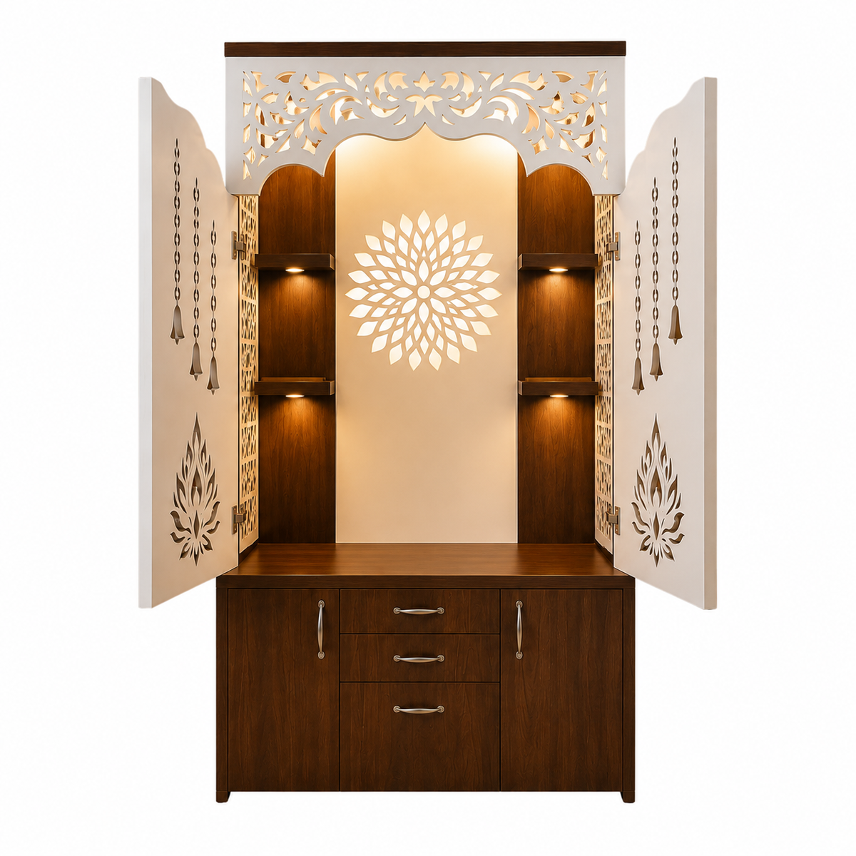 A dark brown wooden home altar cabinet with open doors, featuring a carved floral arch top, illuminated shelves, and a central white mandala cutout on the back panel.