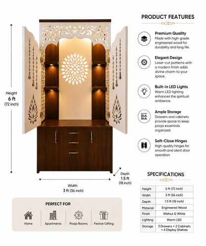 6 ft Large Premium Engineered Wooden Pooja Mandir for Home