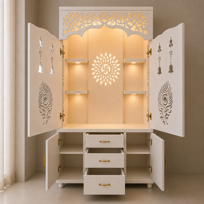 A white decorative cabinet with open doors, shelves, drawers, and gold-tone hardware, shown against a warm beige interior background. The cabinet features cutout floral and peacock-style panels on the doors and a glowing illuminated interior.
