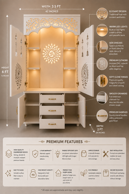 A 6-foot tall, 42-inch wide wooden cabinet with intricate laser-cut ornate carvings on the doors and a warm LED light display inside, shown with callout lines and feature icons explaining its premium qualities.