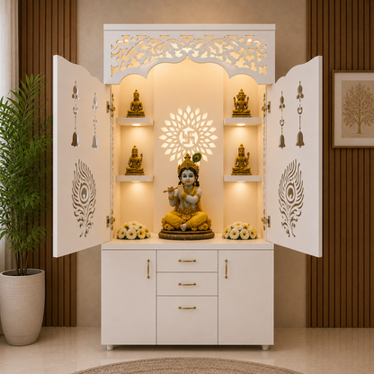 A white wooden Shiva mandarin cabinet with open doors, featuring a central illuminated niche with a seated Lord Ganesha statue, smaller decorative statues, floral arrangements, and hanging bell motifs on the doors. The cabinet is styled in a modern home interior with wood-paneled walls, a potted plant, and a framed picture.