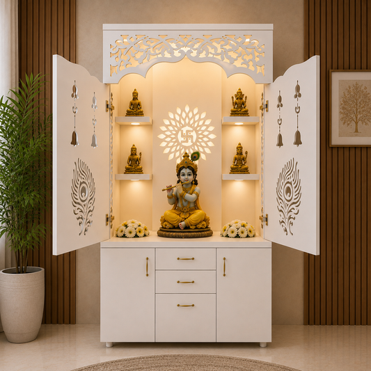 A white wooden Shiva mandarin cabinet with open doors, featuring a central illuminated niche with a seated Lord Ganesha statue, smaller decorative statues, floral arrangements, and hanging bell motifs on the doors. The cabinet is styled in a modern home interior with wood-paneled walls, a potted plant, and a framed picture.