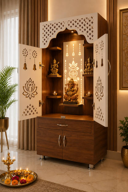 A wooden Hindu deity cabinet (shubhadi) with carved white doors and a glowing internal LED light, styled in a modern home interior with plants and a decorative tray.