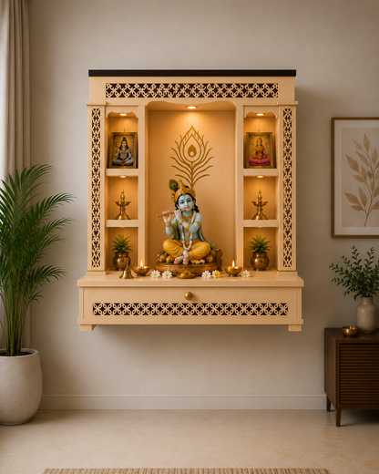 Space Saving  Engineered Wooden Pooja Mandir with LED Lighting
