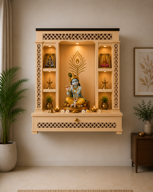 Space Saving  Engineered Wooden Pooja Mandir with LED Lighting