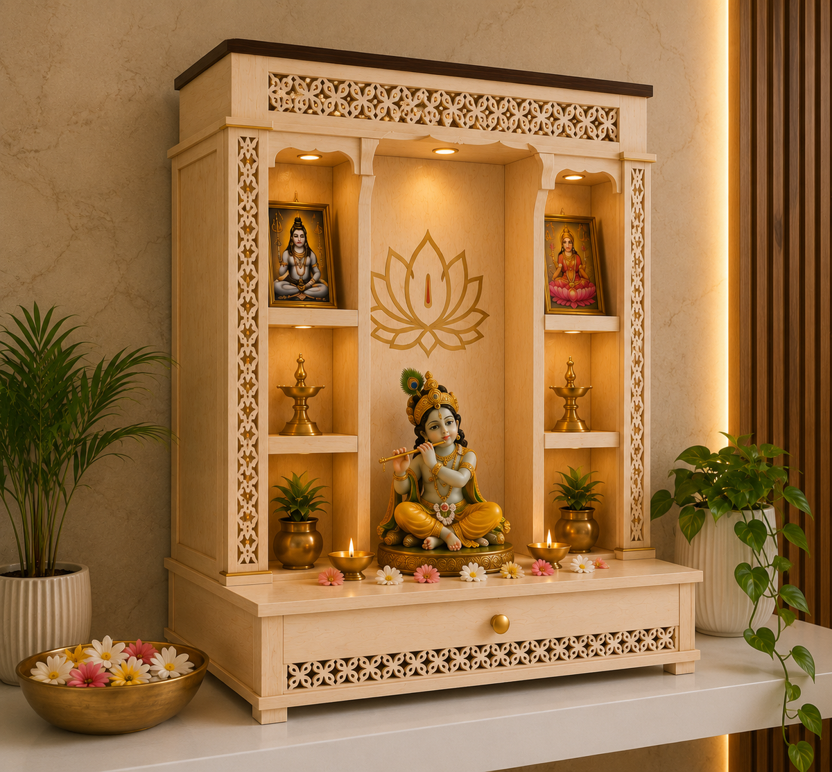 Space Saving  Engineered Wooden Pooja Mandir with LED Lighting