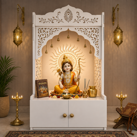 Traditional  Engineered Wooden Mandir for Home with LED Lighting & Storage